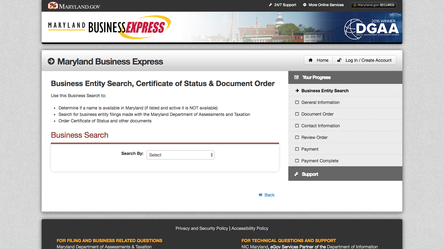 Screenshot of the SDAT business entity database search form.