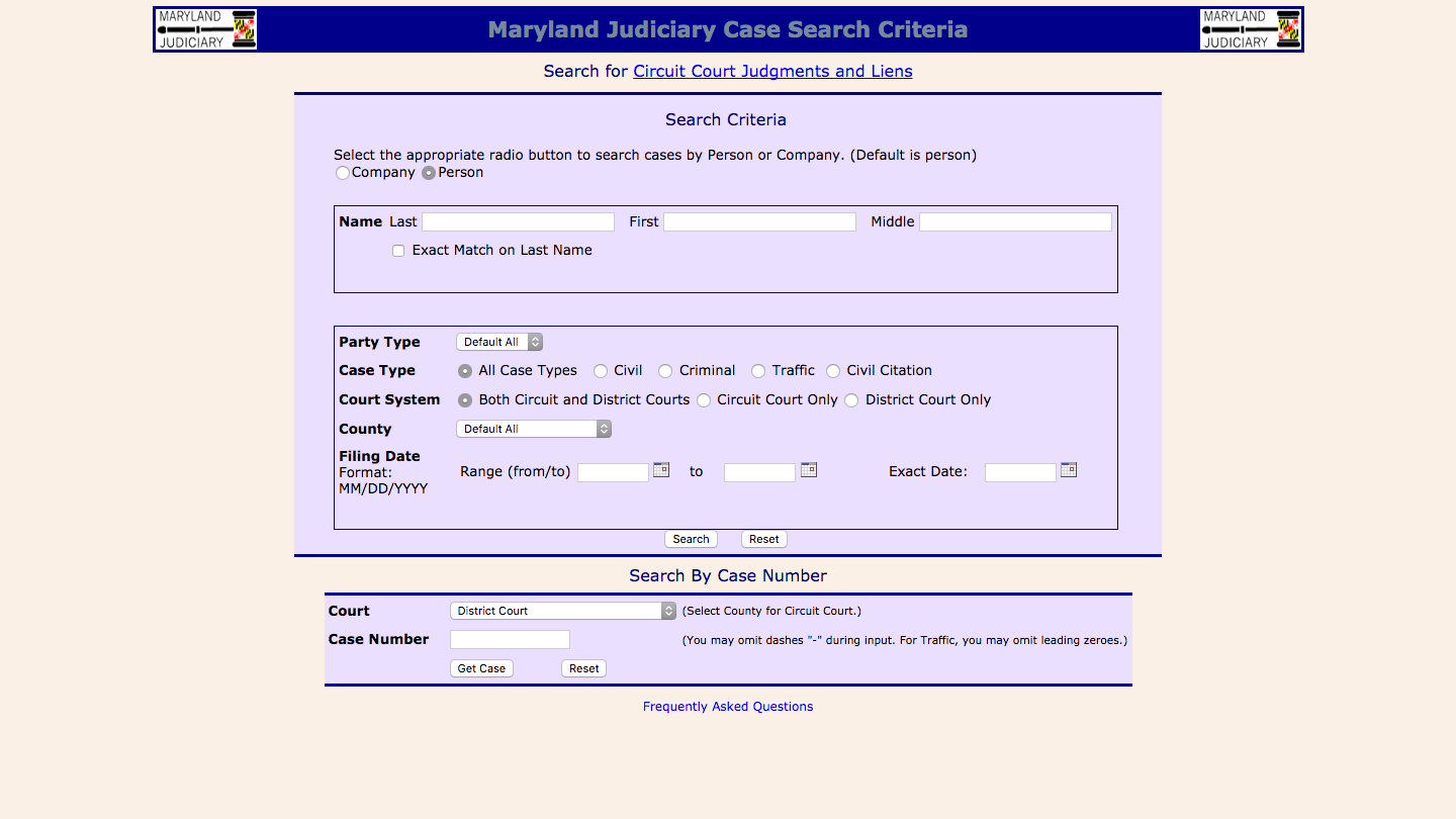 Screenshot of Maryland Judiciary Case Search website