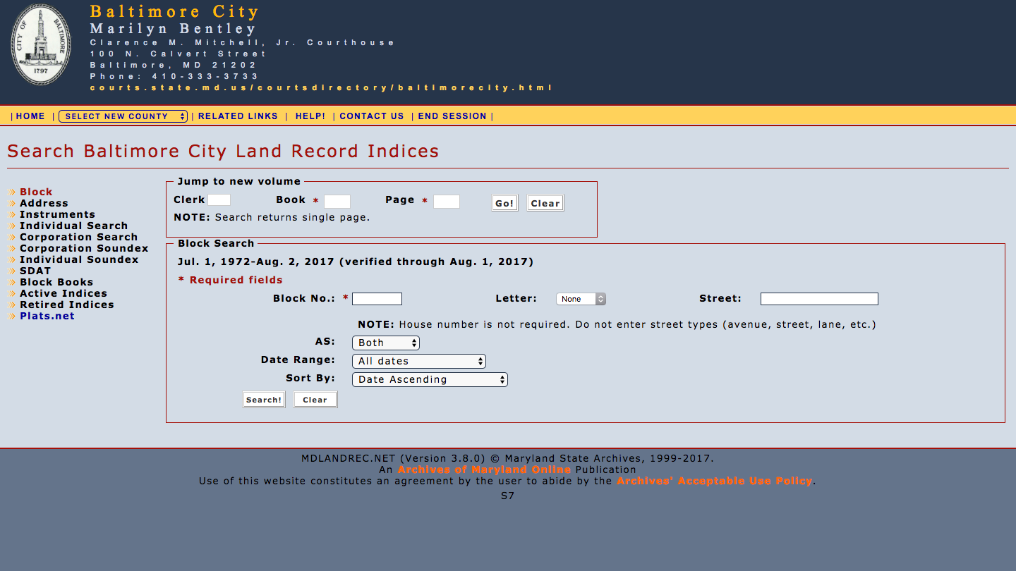 Screenshot of the MDLANDREC.NET search form for Baltimore City