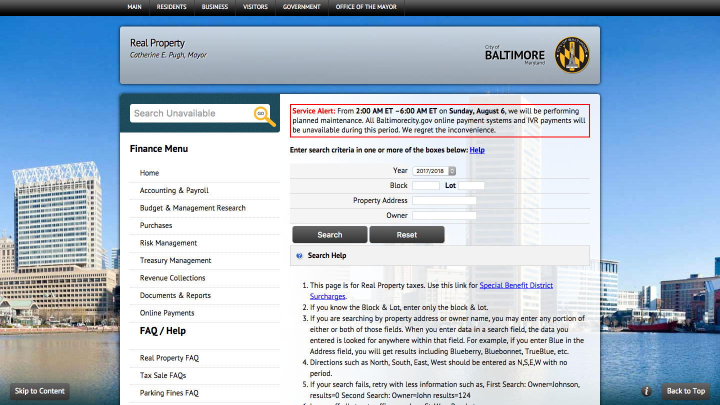 Screenshot of the SDAT property record search form.